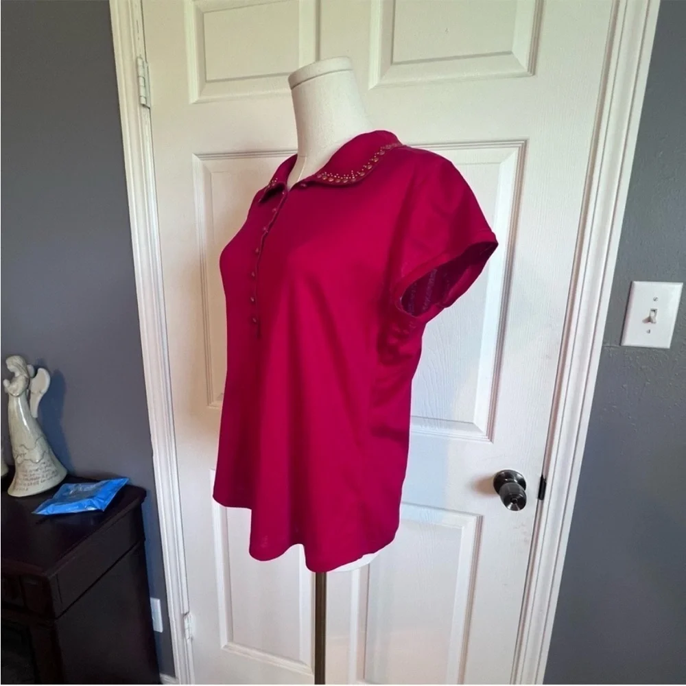 ST. JOHN VTG Red Studded Collar Button Front Polo Shirt 100% Cotton Women's‎ L - Picture 3 of 9